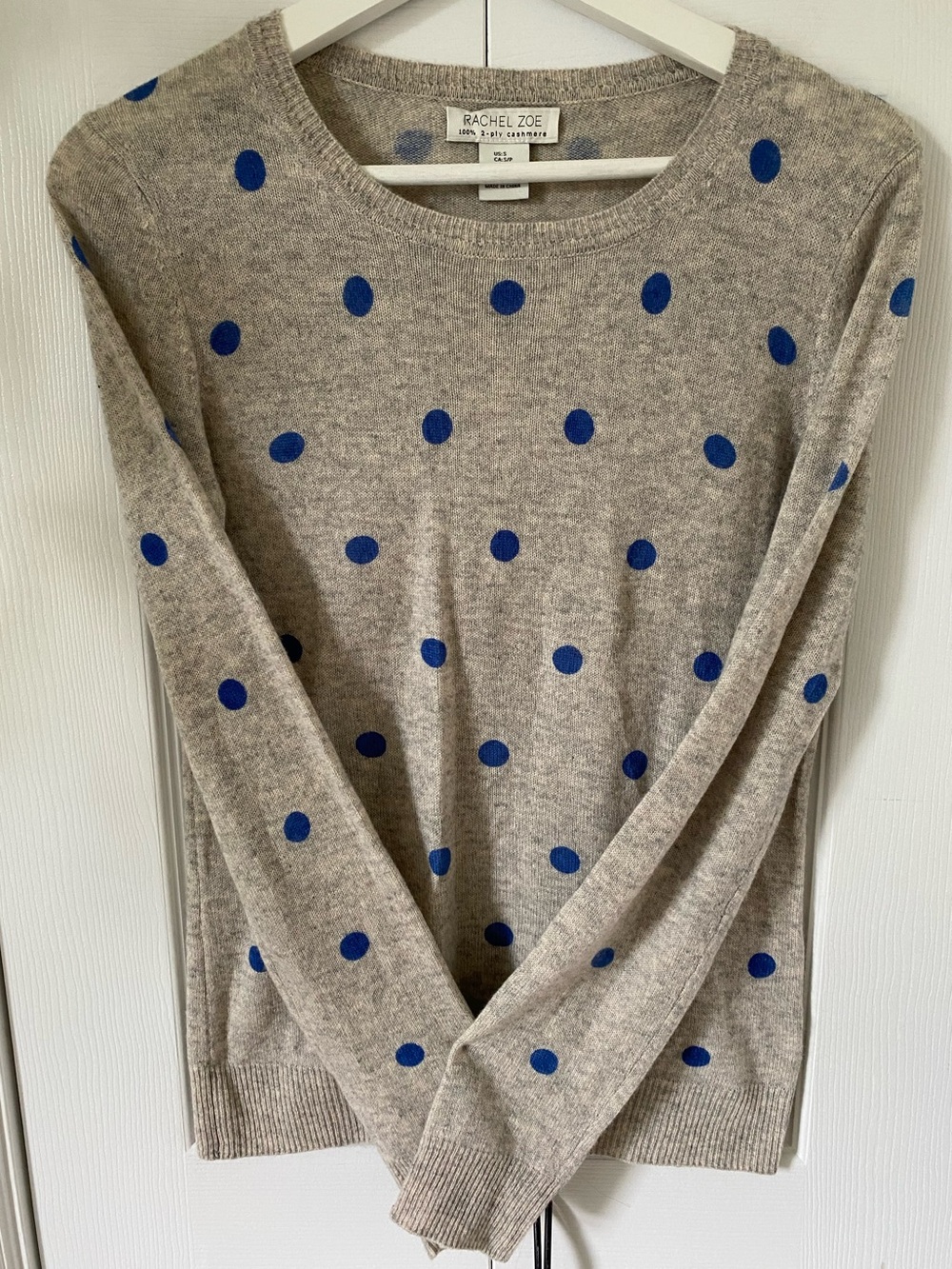 Rachel Zoe 100% Cashmere Grey Crewneck Sweater Blue Polka Dots Size Small